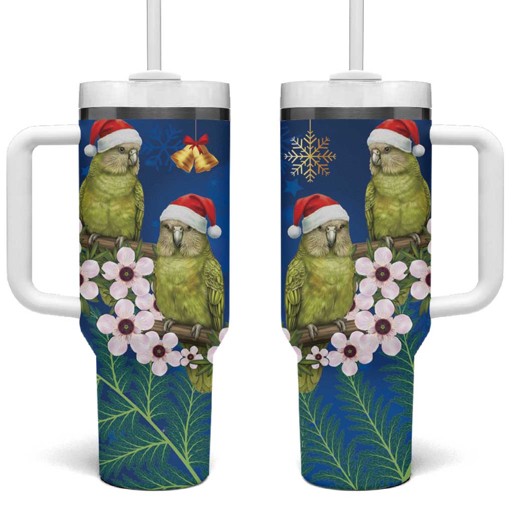 New Zealand Kakapo Christmas Tumbler With Handle Owl Parrot Santa Sliver Fern Manuka - Blue - Polynesian Pride