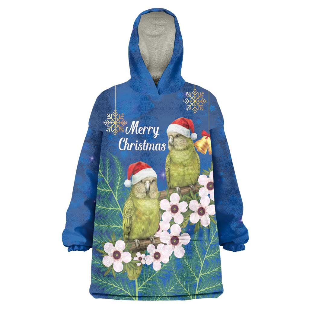 New Zealand Kakapo Christmas Wearable Blanket Hoodie Owl Parrot Santa Sliver Fern Manuka - Blue - Polynesian Pride