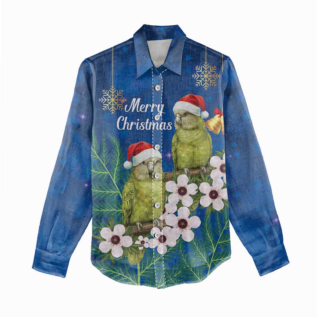 New Zealand Kakapo Christmas Women Casual Shirt Owl Parrot Santa Sliver Fern Manuka - Blue - Polynesian Pride
