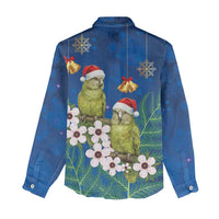 New Zealand Kakapo Christmas Women Casual Shirt Owl Parrot Santa Sliver Fern Manuka - Blue - Polynesian Pride