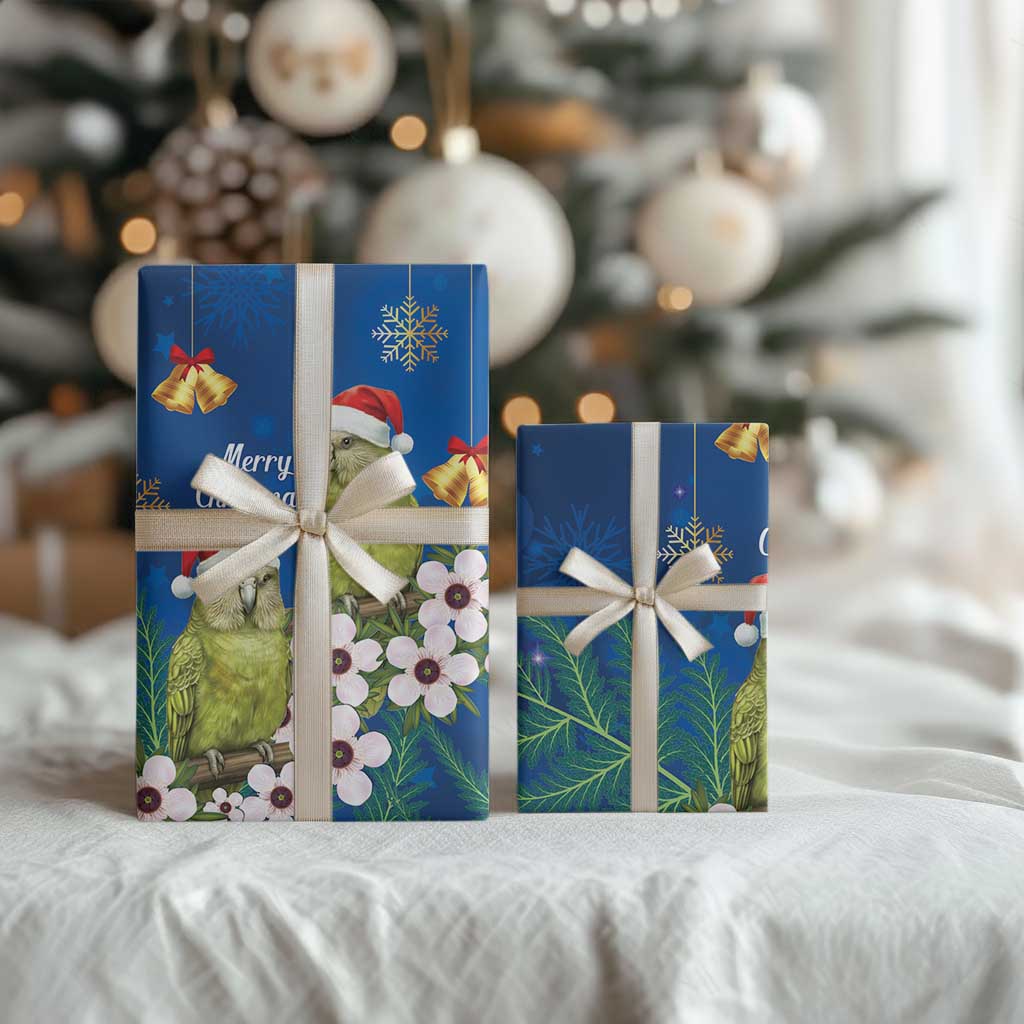 New Zealand Kakapo Christmas Wrapping Paper Owl Parrot Santa Sliver Fern Manuka - Blue LT14 - Polynesian Pride