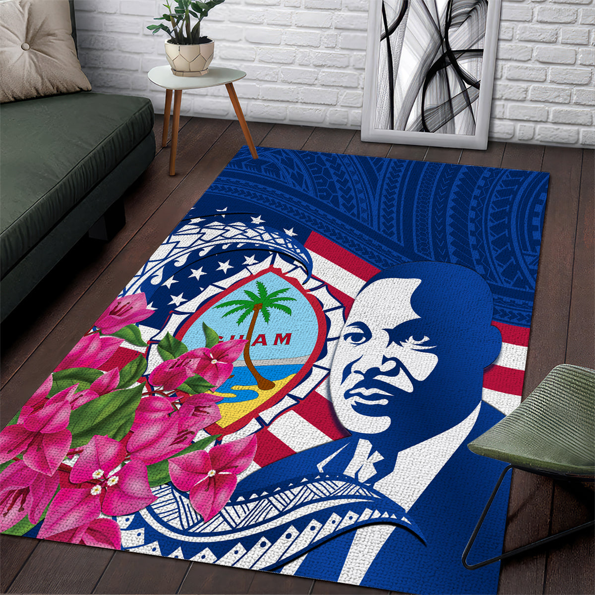 Guam Martin Luther King Jr Day Area Rug I Have A Dream Guahan Seal With Bougainvillea LT14 Blue - Polynesian Pride