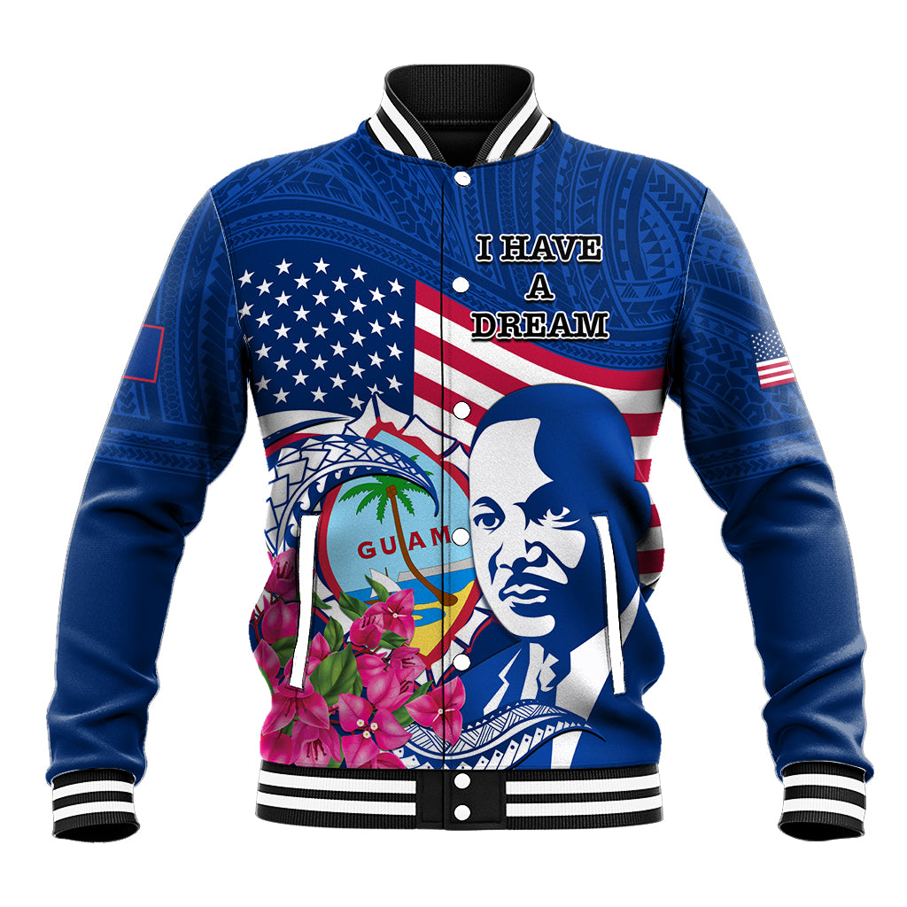 Guam Martin Luther King Jr Day Baseball Jacket I Have A Dream Guahan Seal With Bougainvillea LT14 Unisex Blue - Polynesian Pride
