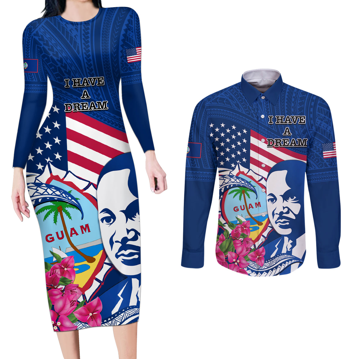 Guam Martin Luther King Jr Day Couples Matching Long Sleeve Bodycon Dress and Long Sleeve Button Shirt I Have A Dream Guahan Seal With Bougainvillea LT14 Blue - Polynesian Pride