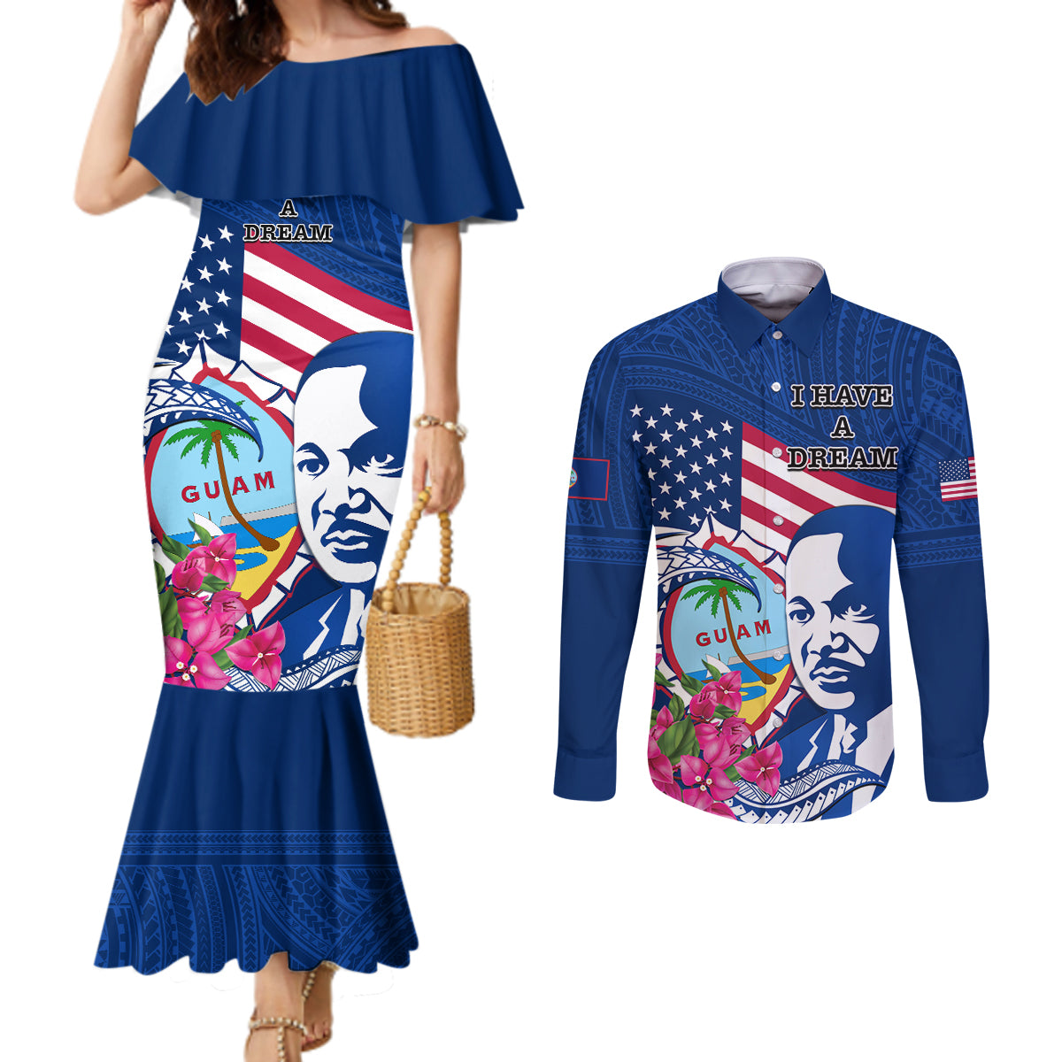 Guam Martin Luther King Jr Day Couples Matching Mermaid Dress and Long Sleeve Button Shirt I Have A Dream Guahan Seal With Bougainvillea LT14 Blue - Polynesian Pride