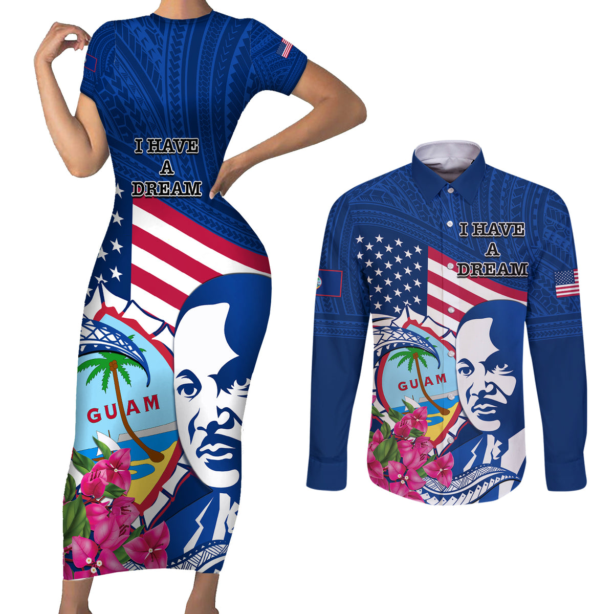Guam Martin Luther King Jr Day Couples Matching Short Sleeve Bodycon Dress and Long Sleeve Button Shirt I Have A Dream Guahan Seal With Bougainvillea LT14 Blue - Polynesian Pride