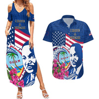 Guam Martin Luther King Jr Day Couples Matching Summer Maxi Dress and Hawaiian Shirt I Have A Dream Guahan Seal With Bougainvillea LT14 Blue - Polynesian Pride
