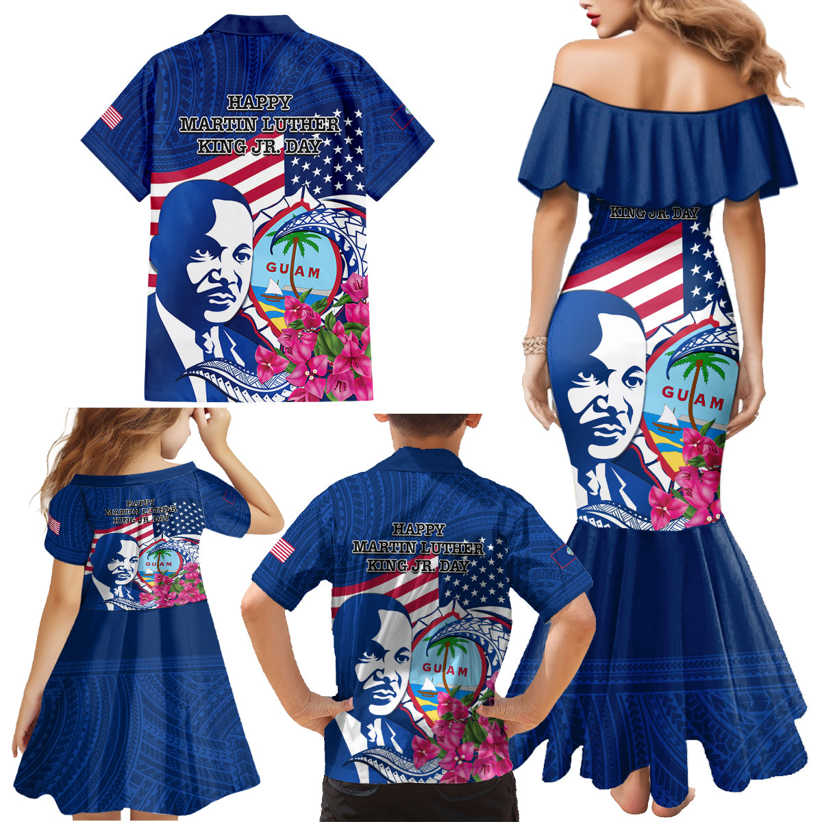 Guam Martin Luther King Jr Day Family Matching Mermaid Dress and Hawaiian Shirt I Have A Dream Guahan Seal With Bougainvillea LT14 - Polynesian Pride