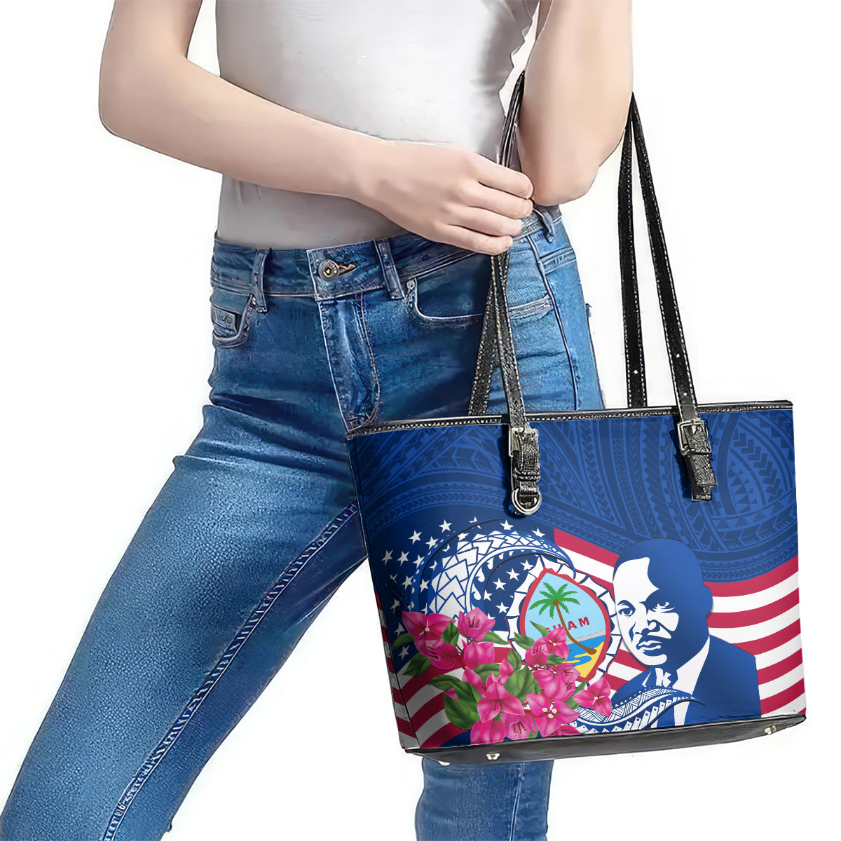 Guam Martin Luther King Jr Day Leather Tote Bag I Have A Dream Guahan Seal With Bougainvillea LT14 - Polynesian Pride