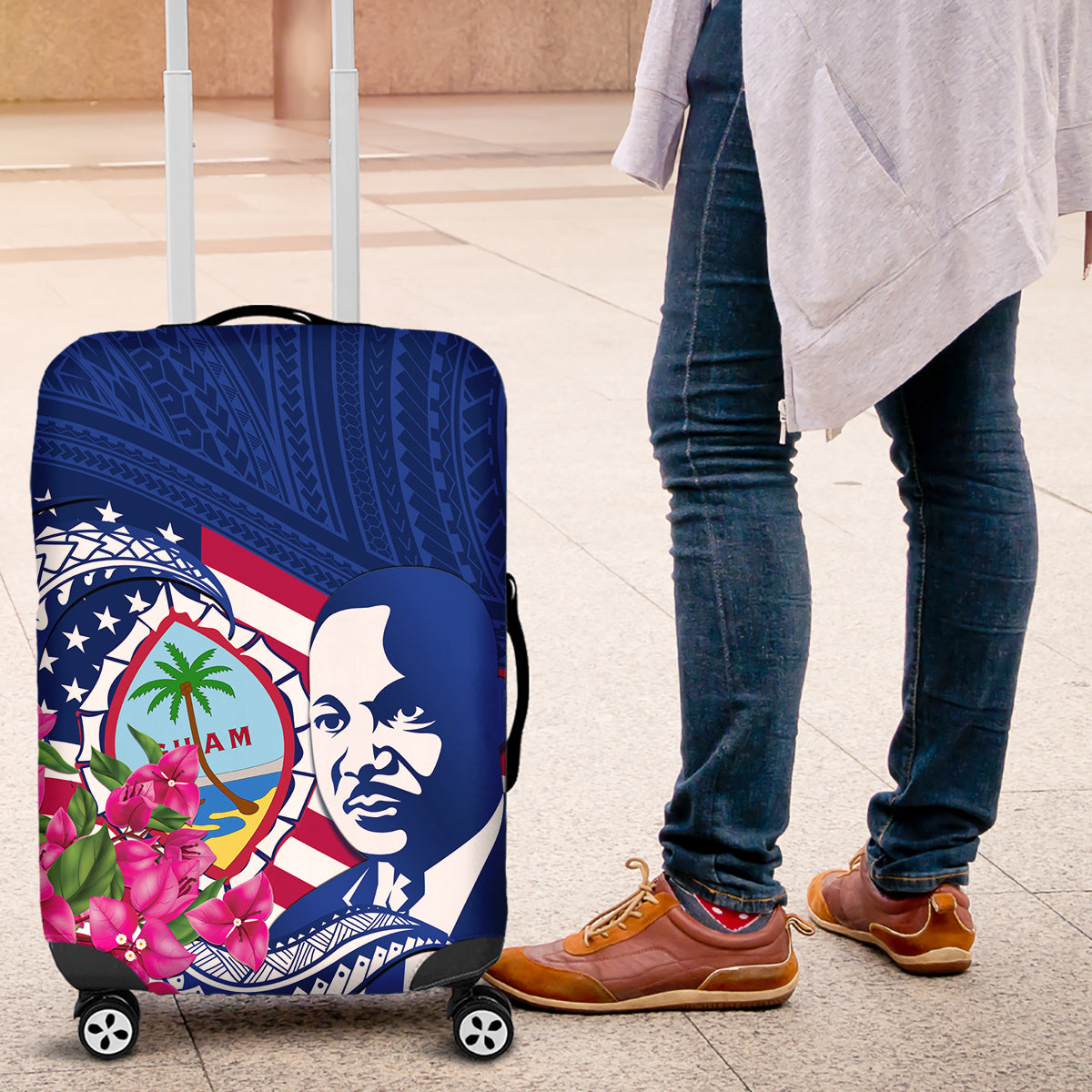 Guam Martin Luther King Jr Day Luggage Cover I Have A Dream Guahan Seal With Bougainvillea LT14 Blue - Polynesian Pride