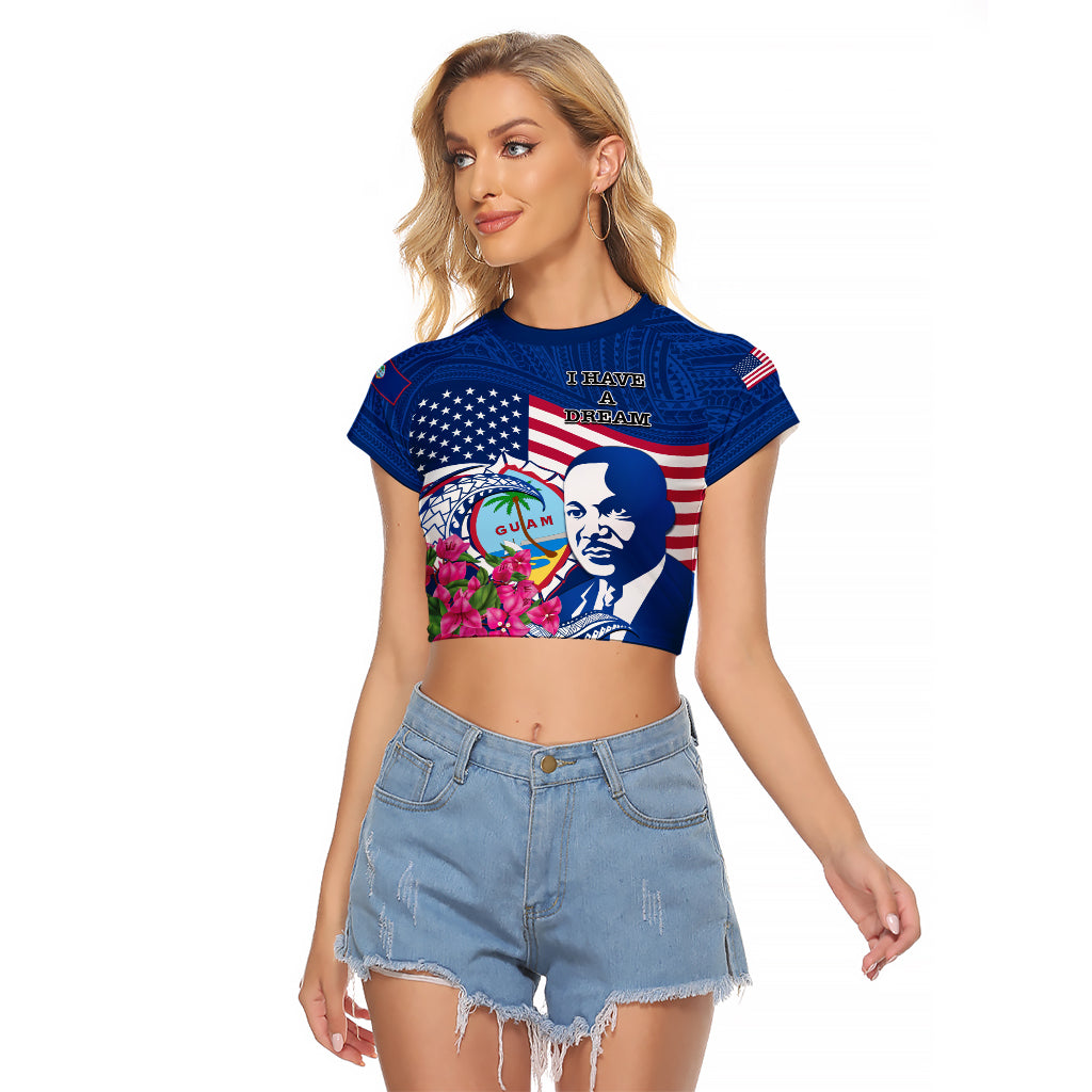 Guam Martin Luther King Jr Day Raglan Cropped T Shirt I Have A Dream Guahan Seal With Bougainvillea LT14 Female Blue - Polynesian Pride