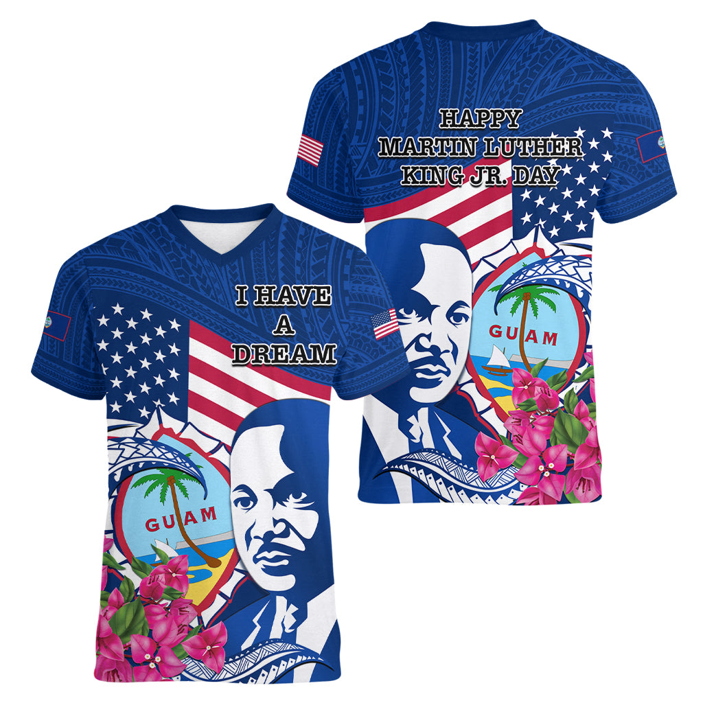 Guam Martin Luther King Jr Day Women V Neck T Shirt I Have A Dream Guahan Seal With Bougainvillea LT14 - Polynesian Pride