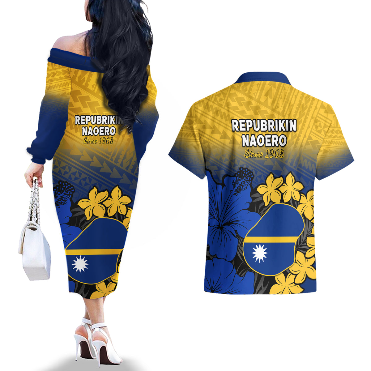 Nauru Independence Day Couples Matching Off The Shoulder Long Sleeve Dress and Hawaiian Shirt Repubrikin Naoero Polynesian Pattern LT14 - Polynesian Pride