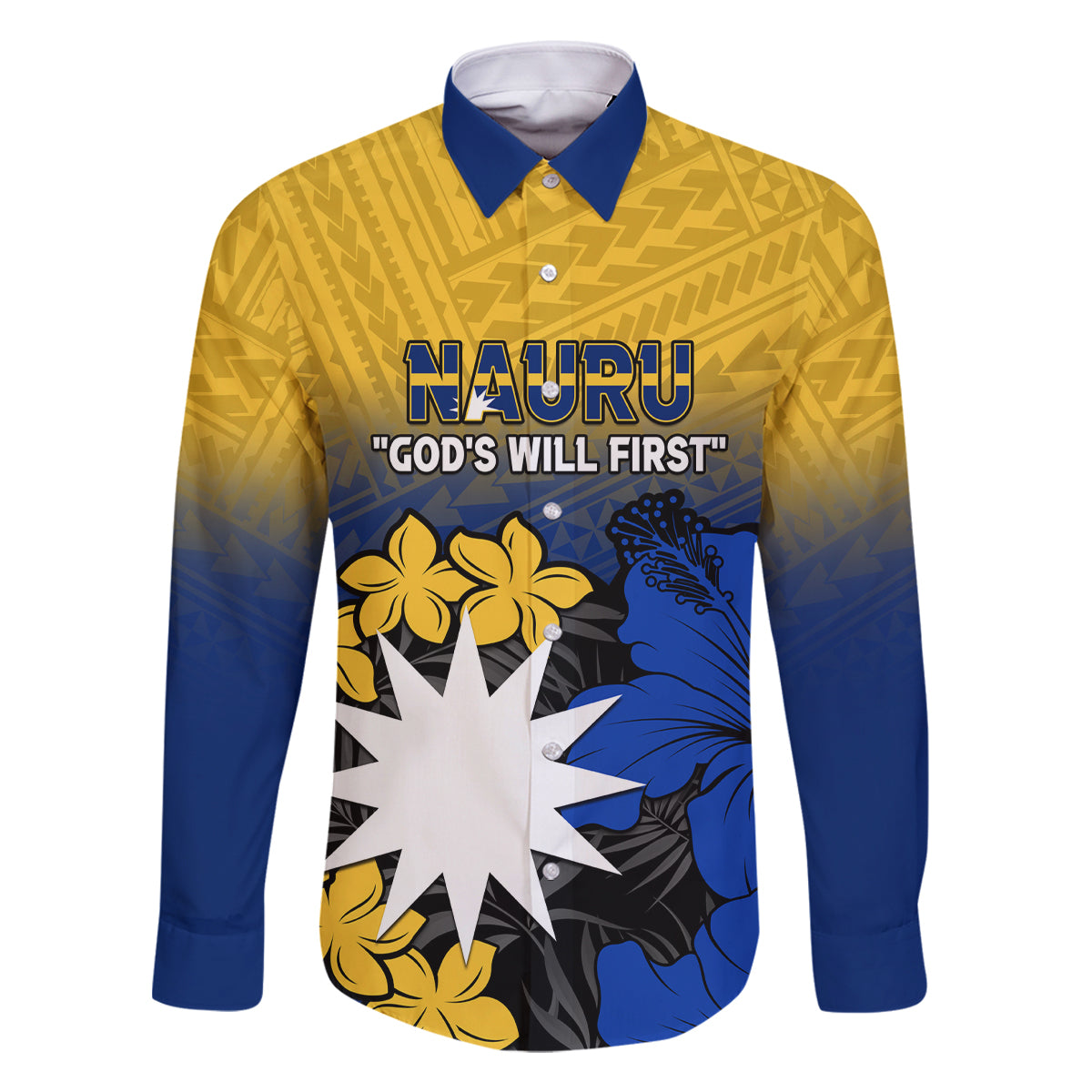 Nauru Independence Day Family Matching Tank Maxi Dress and Hawaiian Shirt Repubrikin Naoero Polynesian Pattern LT14 Dad's Shirt - Long Sleeve Blue - Polynesian Pride
