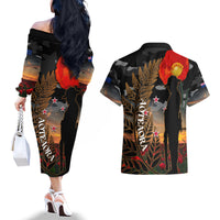 New Zealand ANZAC Day Couples Matching Off The Shoulder Long Sleeve Dress and Hawaiian Shirt Lest We Forget Silver Fern With Camouflage LT14 - Polynesian Pride