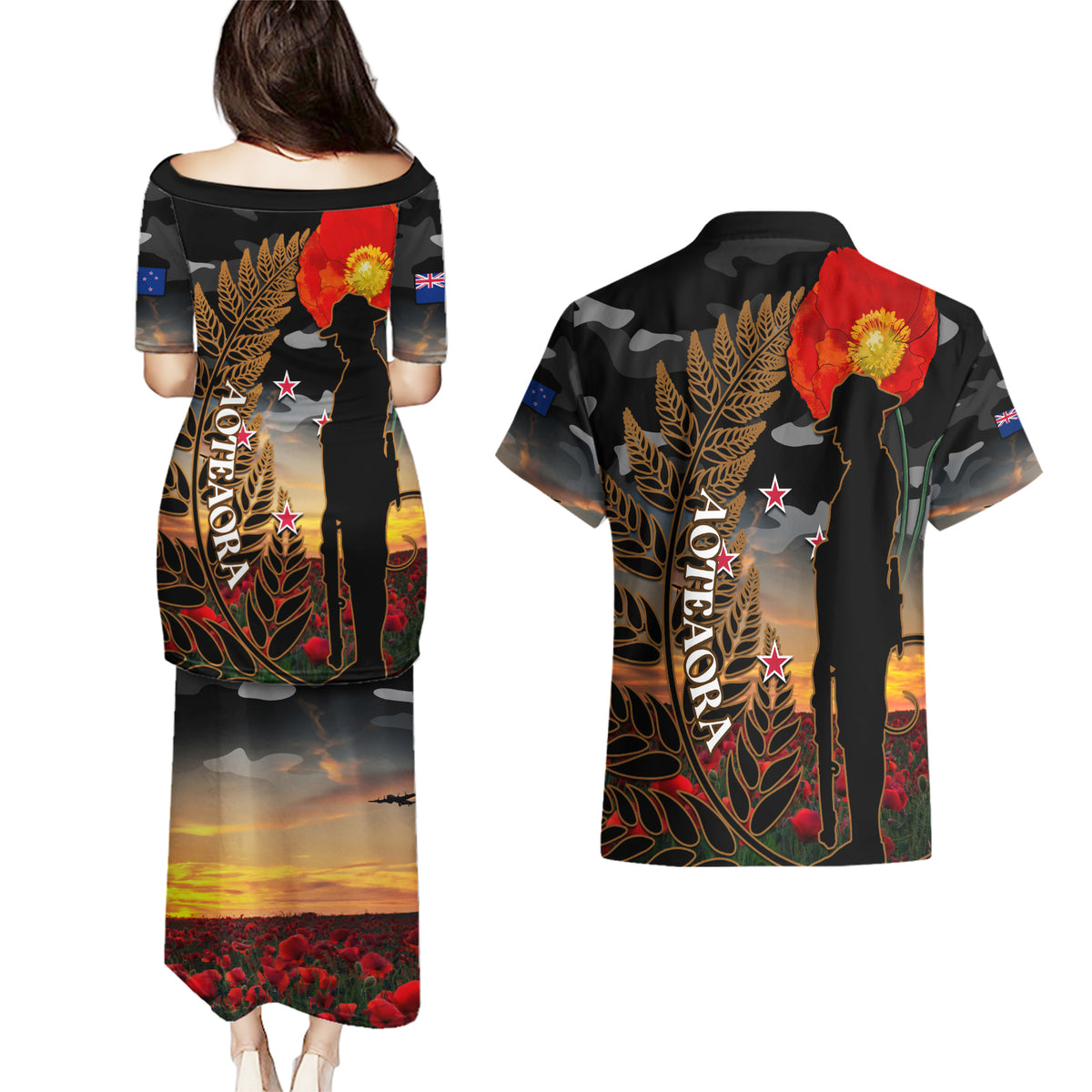 New Zealand ANZAC Day Couples Matching Puletasi Dress and Hawaiian Shirt Lest We Forget Silver Fern With Camouflage LT14 - Polynesian Pride