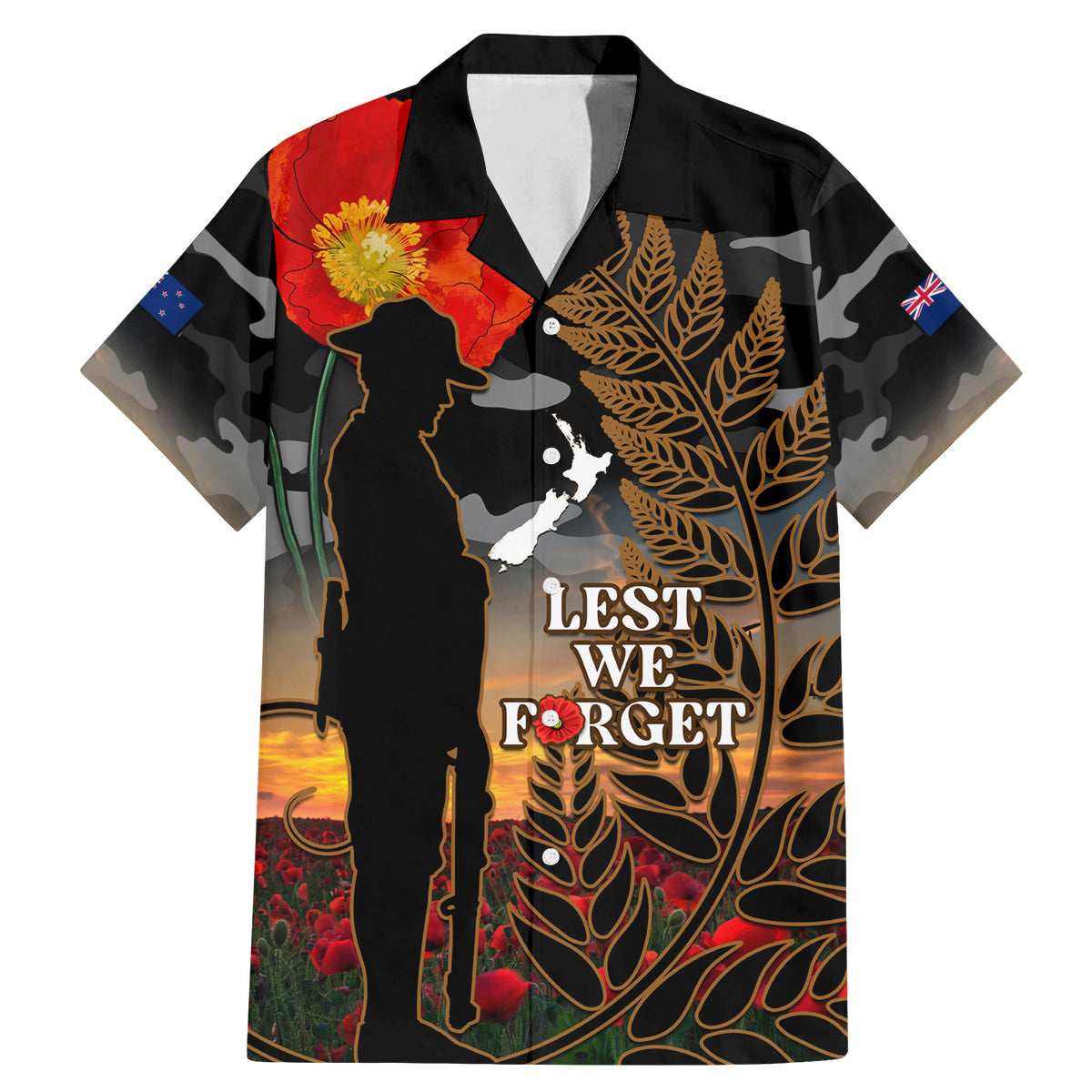 New Zealand ANZAC Day Family Matching Mermaid Dress and Hawaiian Shirt Lest We Forget Silver Fern With Camouflage LT14 Dad's Shirt - Short Sleeve Black - Polynesian Pride
