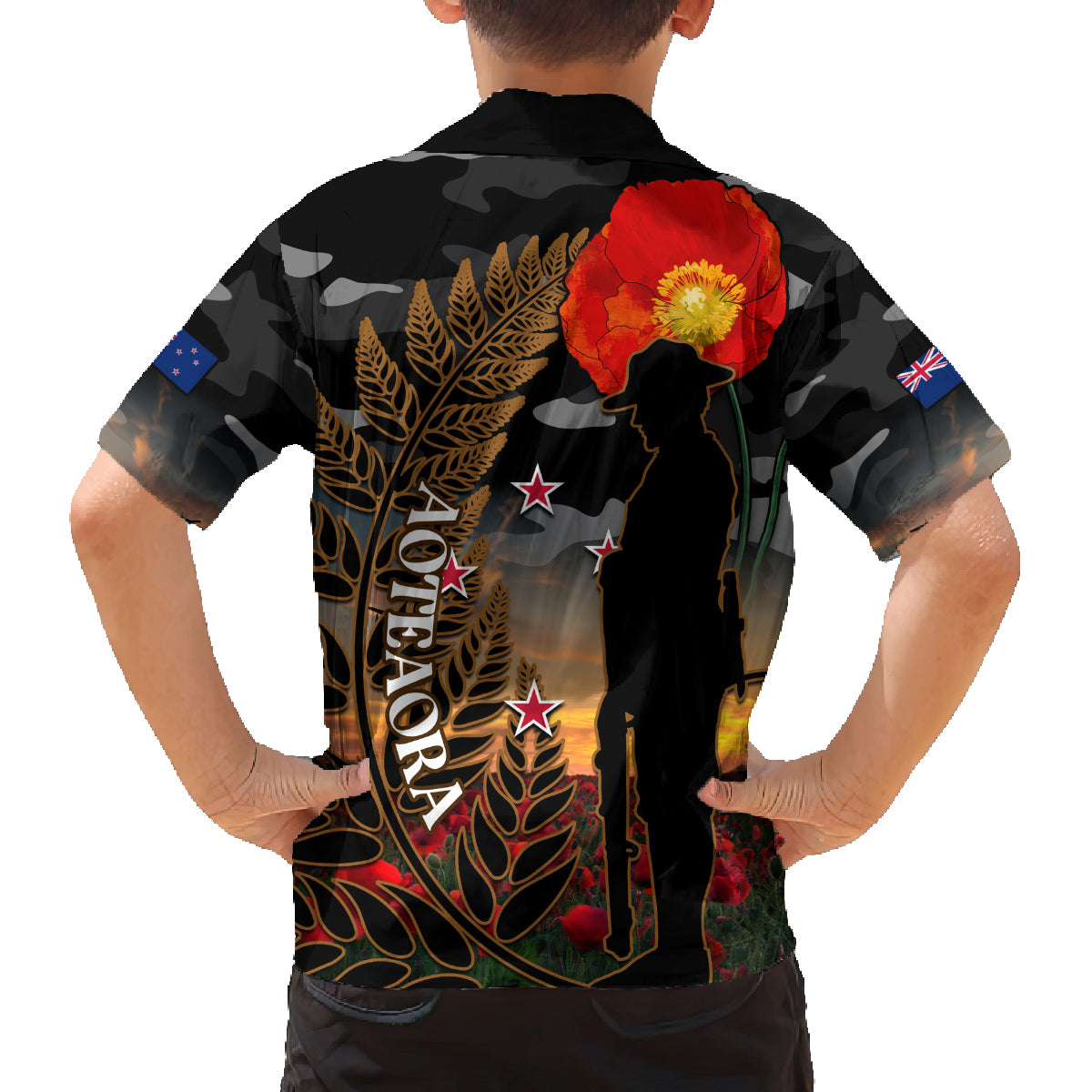 New Zealand ANZAC Day Family Matching Off Shoulder Maxi Dress and Hawaiian Shirt Lest We Forget Silver Fern With Camouflage LT14 - Polynesian Pride