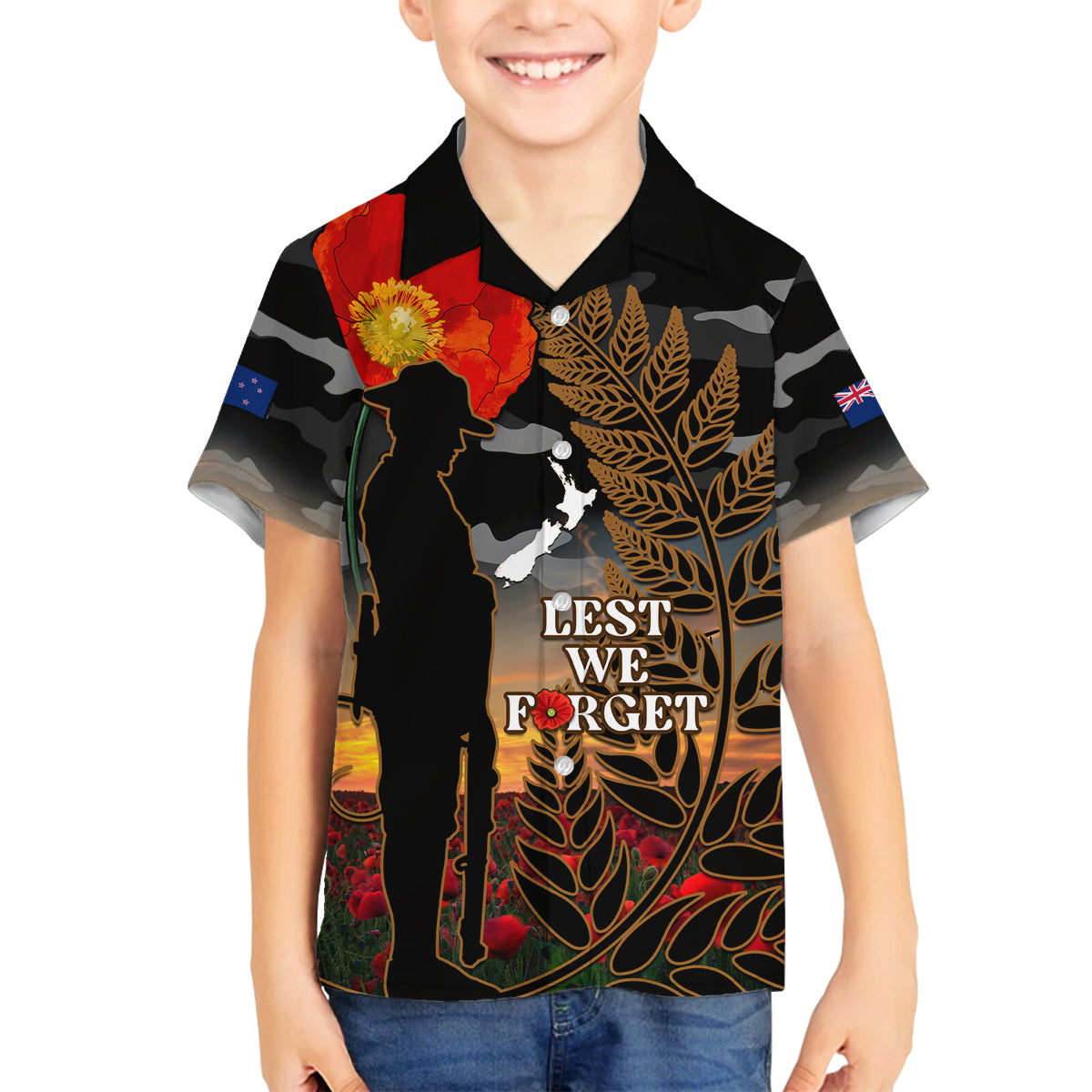 New Zealand ANZAC Day Family Matching Off Shoulder Maxi Dress and Hawaiian Shirt Lest We Forget Silver Fern With Camouflage LT14 Son's Shirt Black - Polynesian Pride