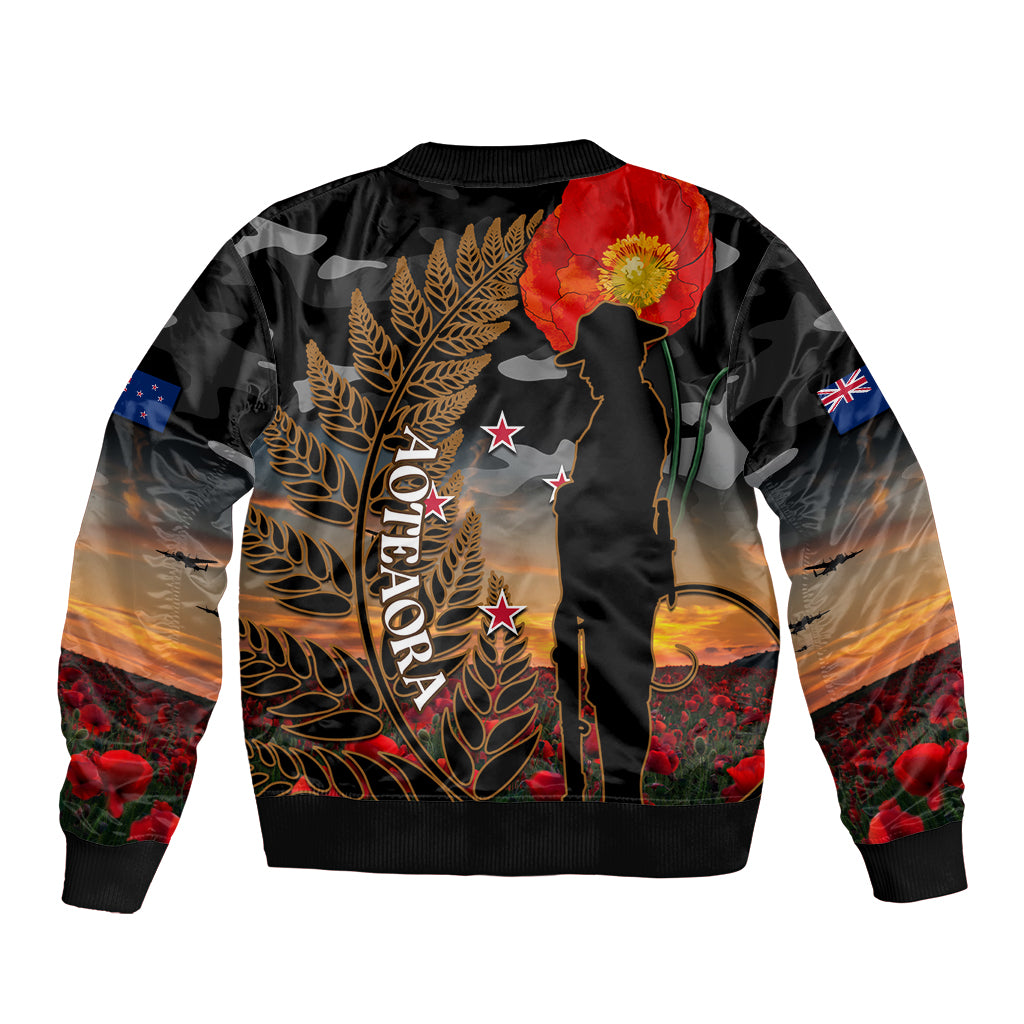 New Zealand ANZAC Day Sleeve Zip Bomber Jacket Lest We Forget Silver Fern With Camouflage LT14 - Polynesian Pride