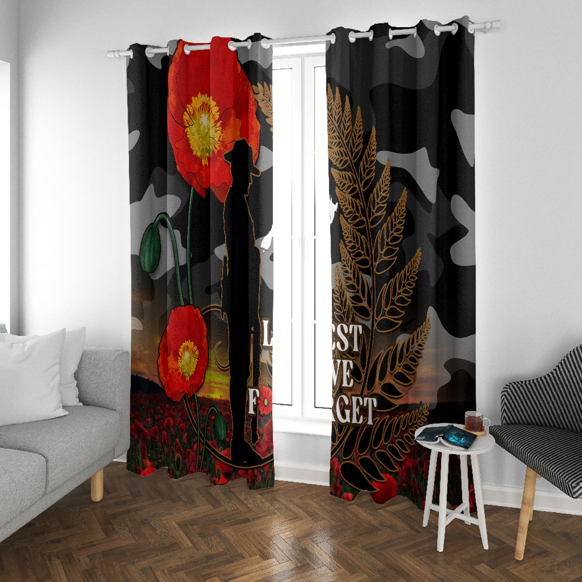 New Zealand ANZAC Day Window Curtain Lest We Forget Silver Fern With Camouflage LT14 With Grommets Black - Polynesian Pride