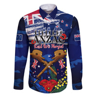 Australia And New Zealand ANZAC Day Family Matching Mermaid Dress and Hawaiian Shirt Lest We Forget Silver Fern With Golden Wattle LT14 Dad's Shirt - Long Sleeve Blue - Polynesian Pride