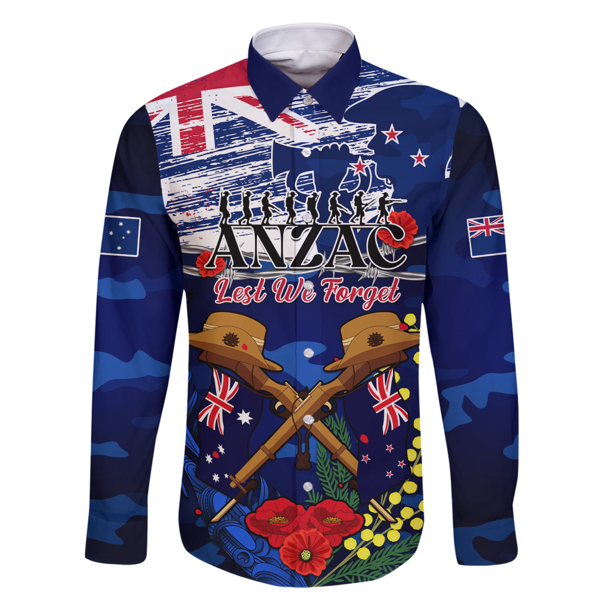 Australia And New Zealand ANZAC Day Family Matching Off Shoulder Maxi Dress and Hawaiian Shirt Lest We Forget Silver Fern With Golden Wattle LT14 Dad's Shirt - Long Sleeve Blue - Polynesian Pride