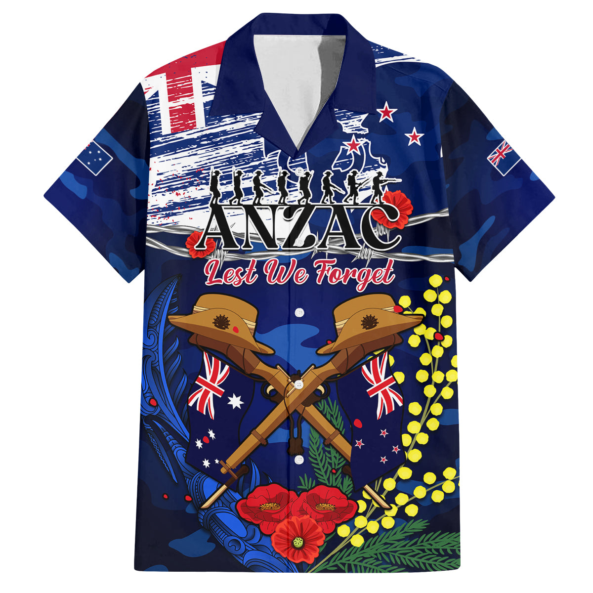Australia And New Zealand ANZAC Day Family Matching Tank Maxi Dress and Hawaiian Shirt Lest We Forget Silver Fern With Golden Wattle LT14 Dad's Shirt - Short Sleeve Blue - Polynesian Pride