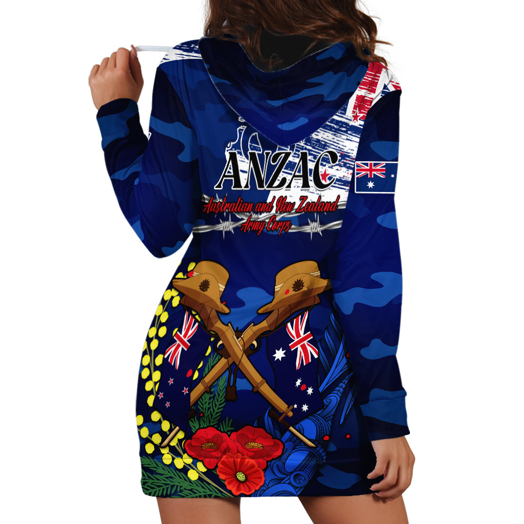 Australia And New Zealand ANZAC Day Hoodie Dress Lest We Forget Silver Fern With Golden Wattle LT14 - Polynesian Pride
