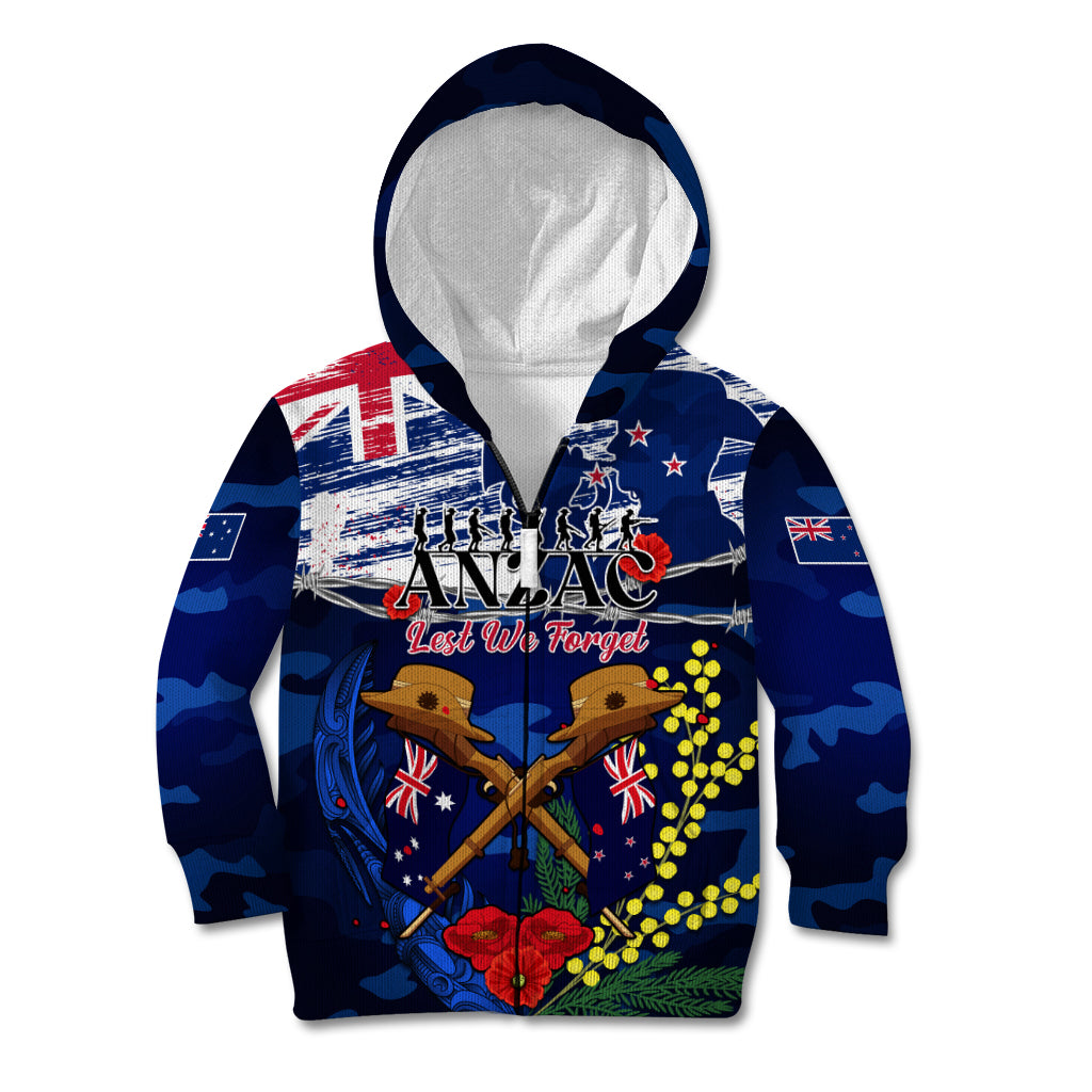 Australia And New Zealand ANZAC Day Kid Hoodie Lest We Forget Silver Fern With Golden Wattle LT14 Zip Hoodie Blue - Polynesian Pride