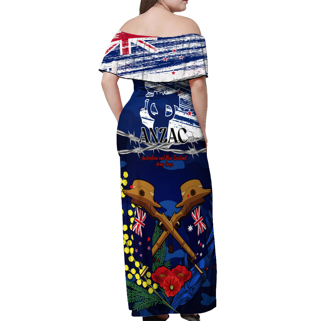 Australia And New Zealand ANZAC Day Off Shoulder Maxi Dress Lest We Forget Silver Fern With Golden Wattle LT14 - Polynesian Pride