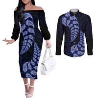 Blue New Zealand Paisley Silver Fern Couples Matching Off The Shoulder Long Sleeve Dress and Long Sleeve Button Shirt Aotearoa Maori LT14 Blue - Polynesian Pride