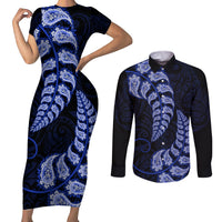 Blue New Zealand Paisley Silver Fern Couples Matching Short Sleeve Bodycon Dress and Long Sleeve Button Shirt Aotearoa Maori LT14 Blue - Polynesian Pride