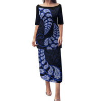 Blue New Zealand Paisley Silver Fern Family Matching Puletasi Dress and Hawaiian Shirt Aotearoa Maori LT14 Mom's Dress Blue - Polynesian Pride