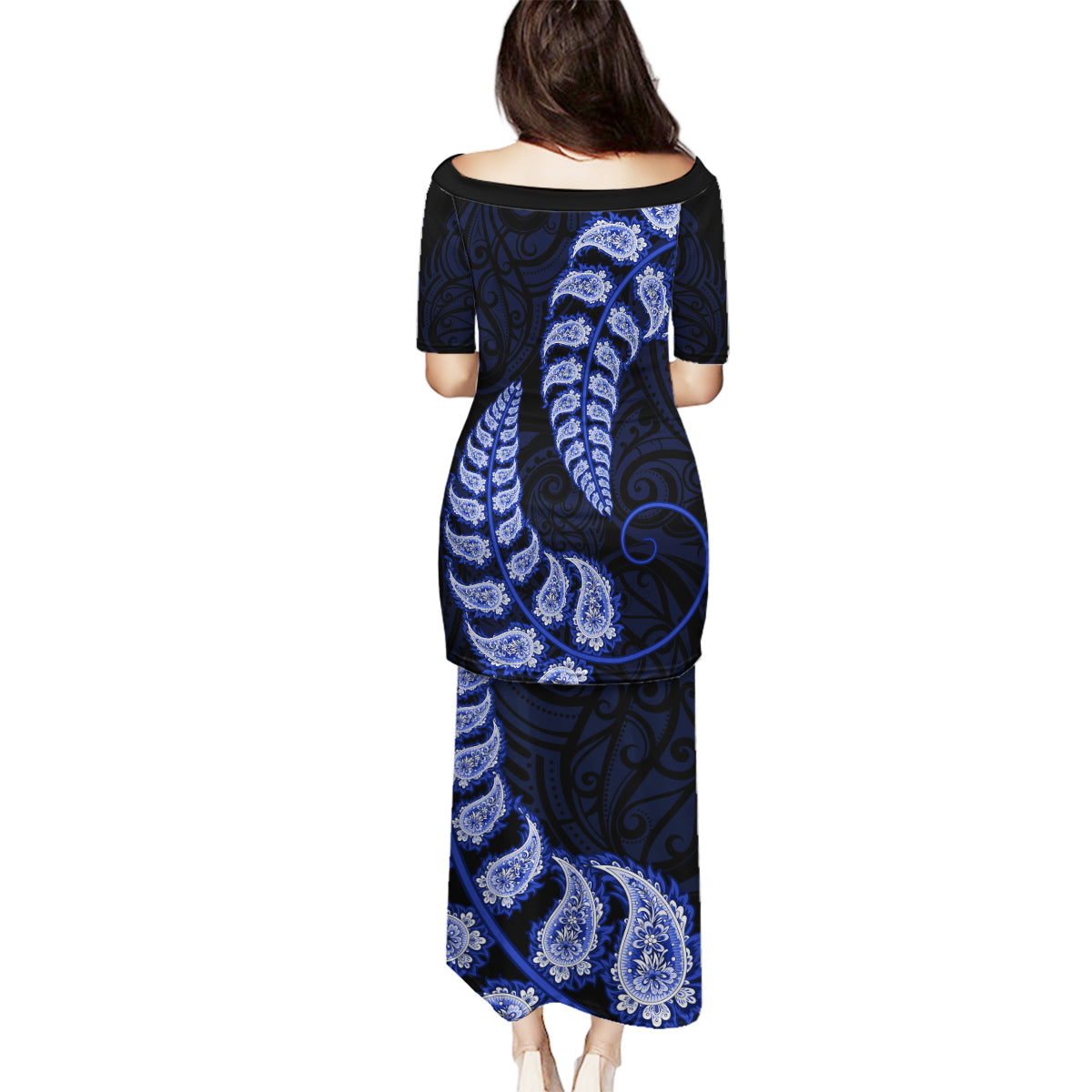 Blue New Zealand Paisley Silver Fern Family Matching Puletasi Dress and Hawaiian Shirt Aotearoa Maori LT14 - Polynesian Pride