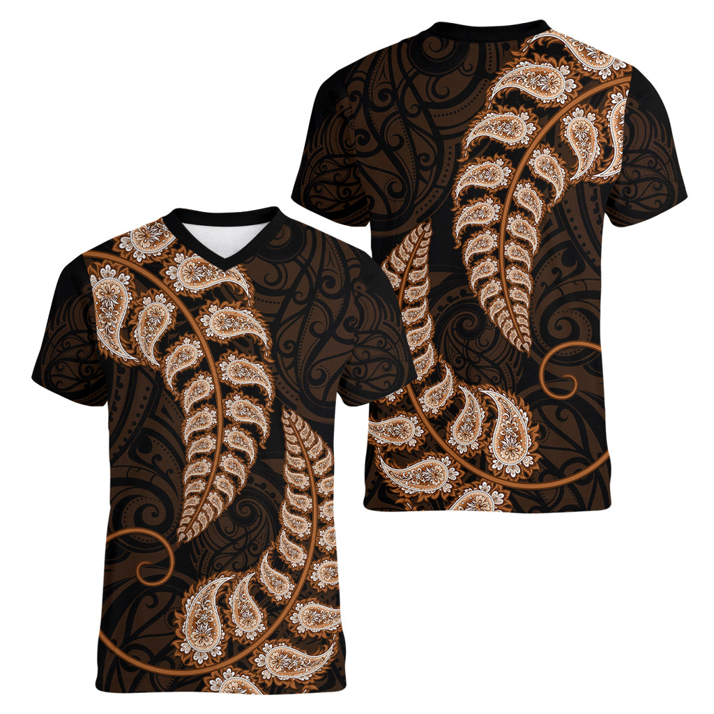 Brown New Zealand Paisley Silver Fern Women V Neck T Shirt Aotearoa Maori LT14 - Polynesian Pride