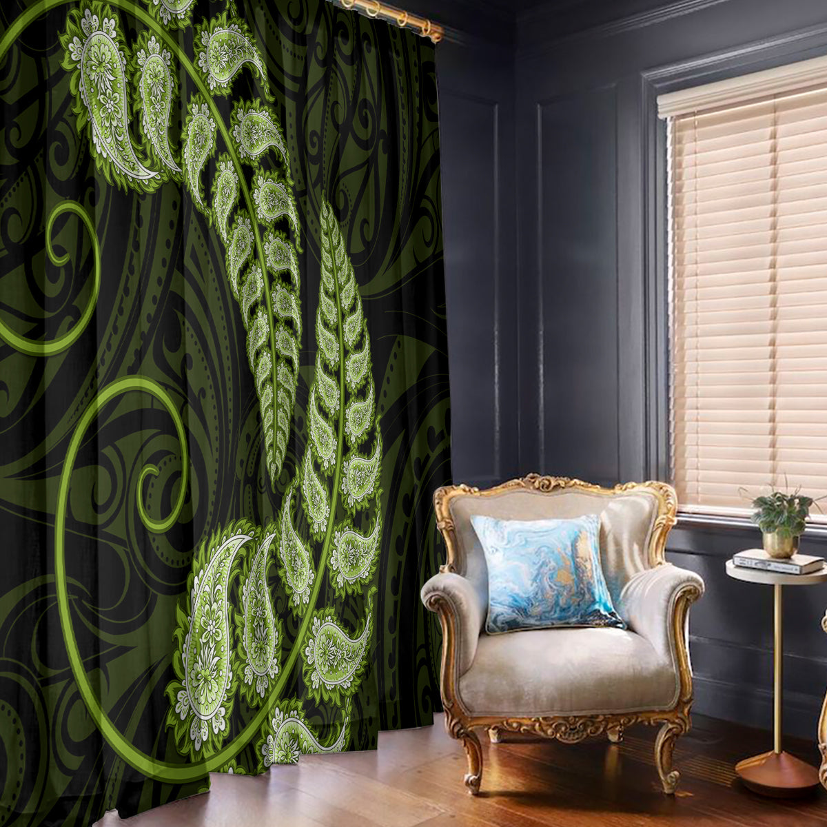 Green New Zealand Paisley Silver Fern Window Curtain Aotearoa Maori LT14 - Polynesian Pride