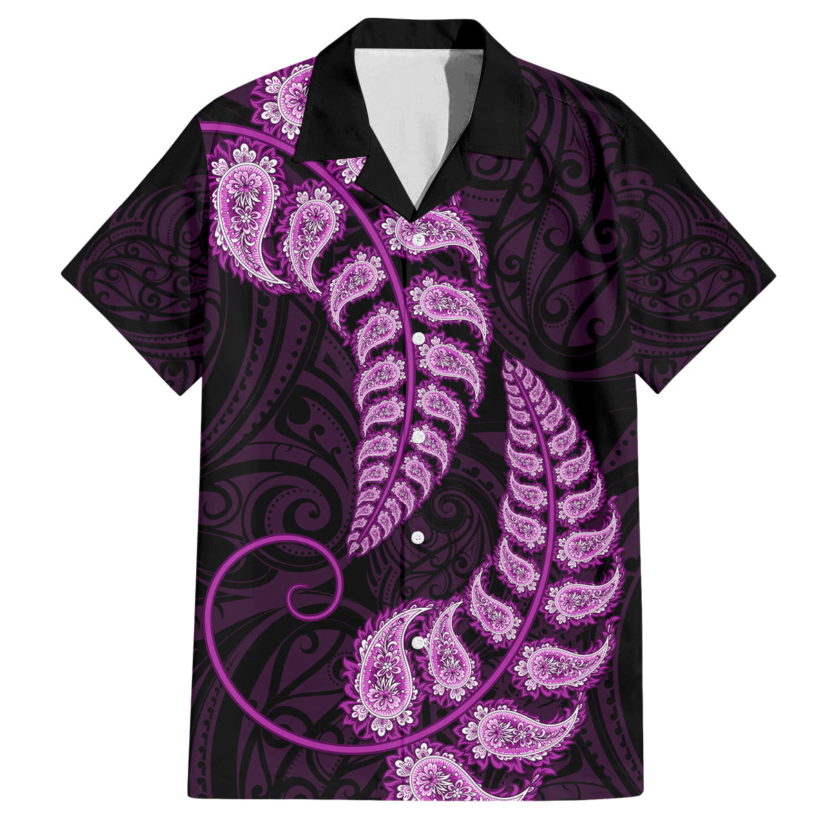 Purple New Zealand Paisley Silver Fern Family Matching Off Shoulder Long Sleeve Dress and Hawaiian Shirt Aotearoa Maori LT14 Dad's Shirt - Short Sleeve Purple - Polynesian Pride