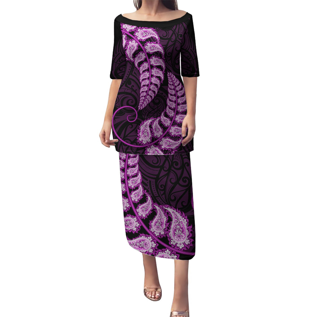 Purple New Zealand Paisley Silver Fern Family Matching Puletasi Dress and Hawaiian Shirt Aotearoa Maori LT14 Mom's Dress Purple - Polynesian Pride