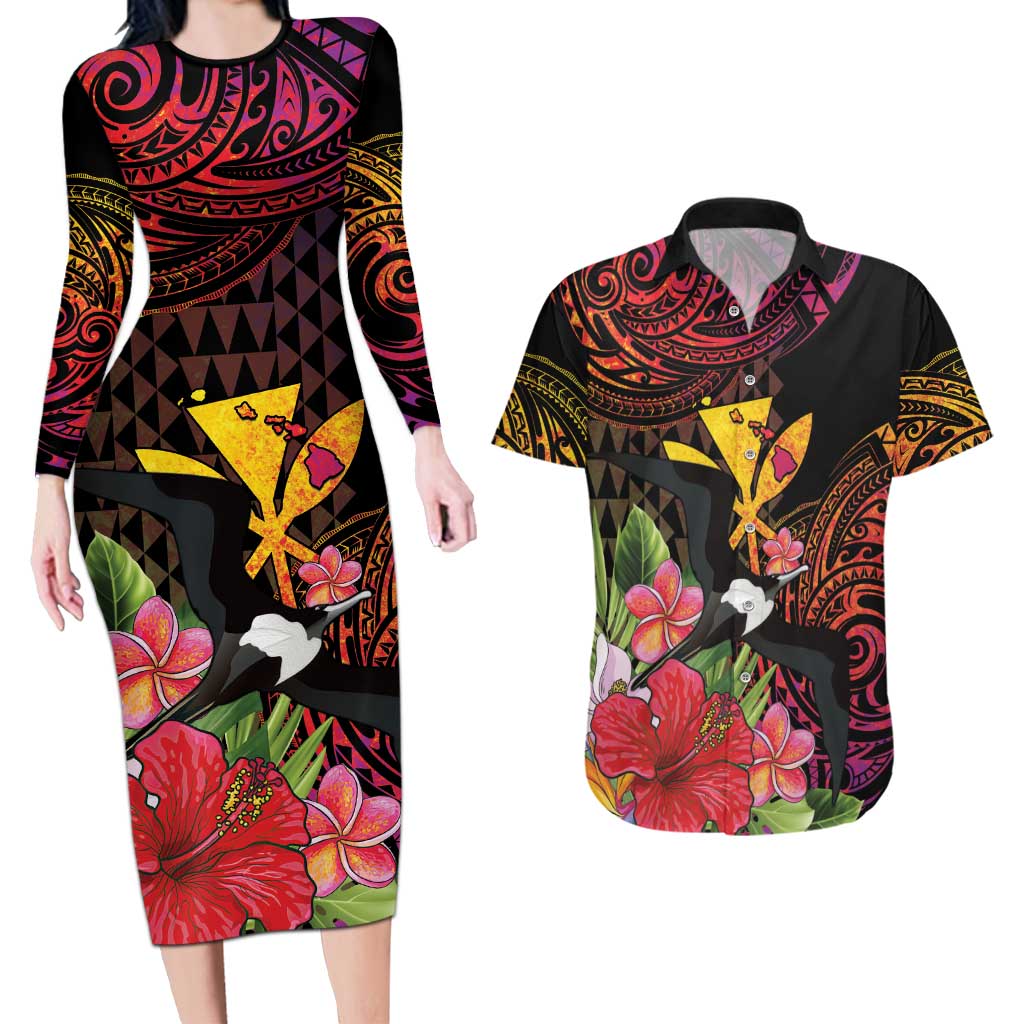 Hawaii Iwa Bird Couples Matching Long Sleeve Bodycon Dress and Hawaiian Shirt Great Frigatebird Kanaka Tropical Hippie Style LT14 Black - Polynesian Pride