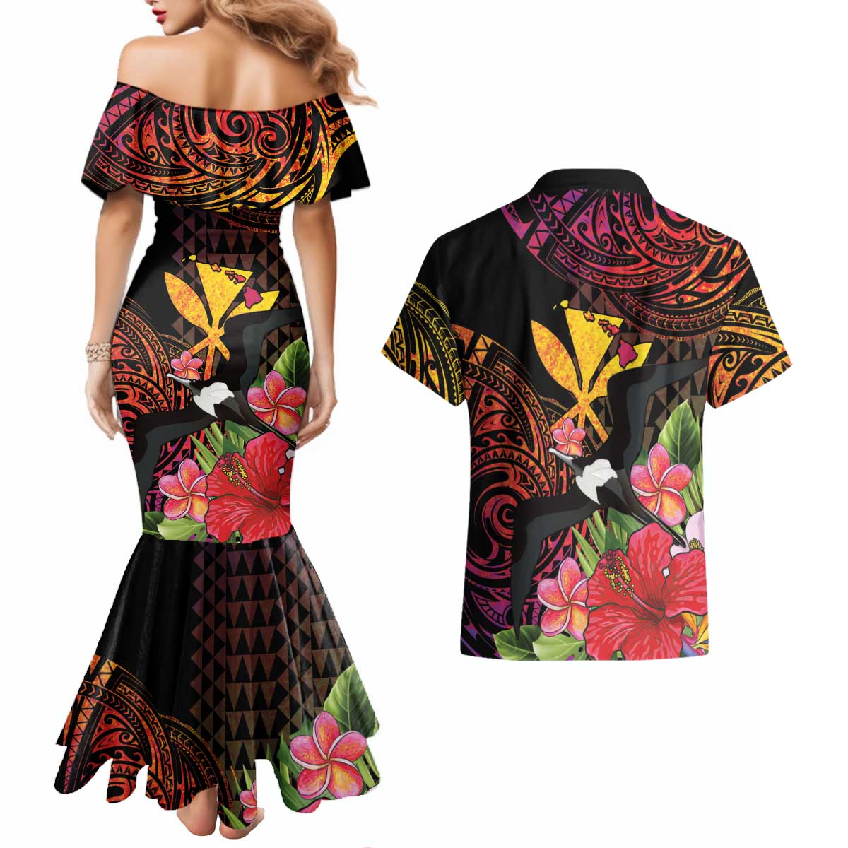 Hawaii Iwa Bird Couples Matching Mermaid Dress and Hawaiian Shirt Great Frigatebird Kanaka Tropical Hippie Style LT14 - Polynesian Pride