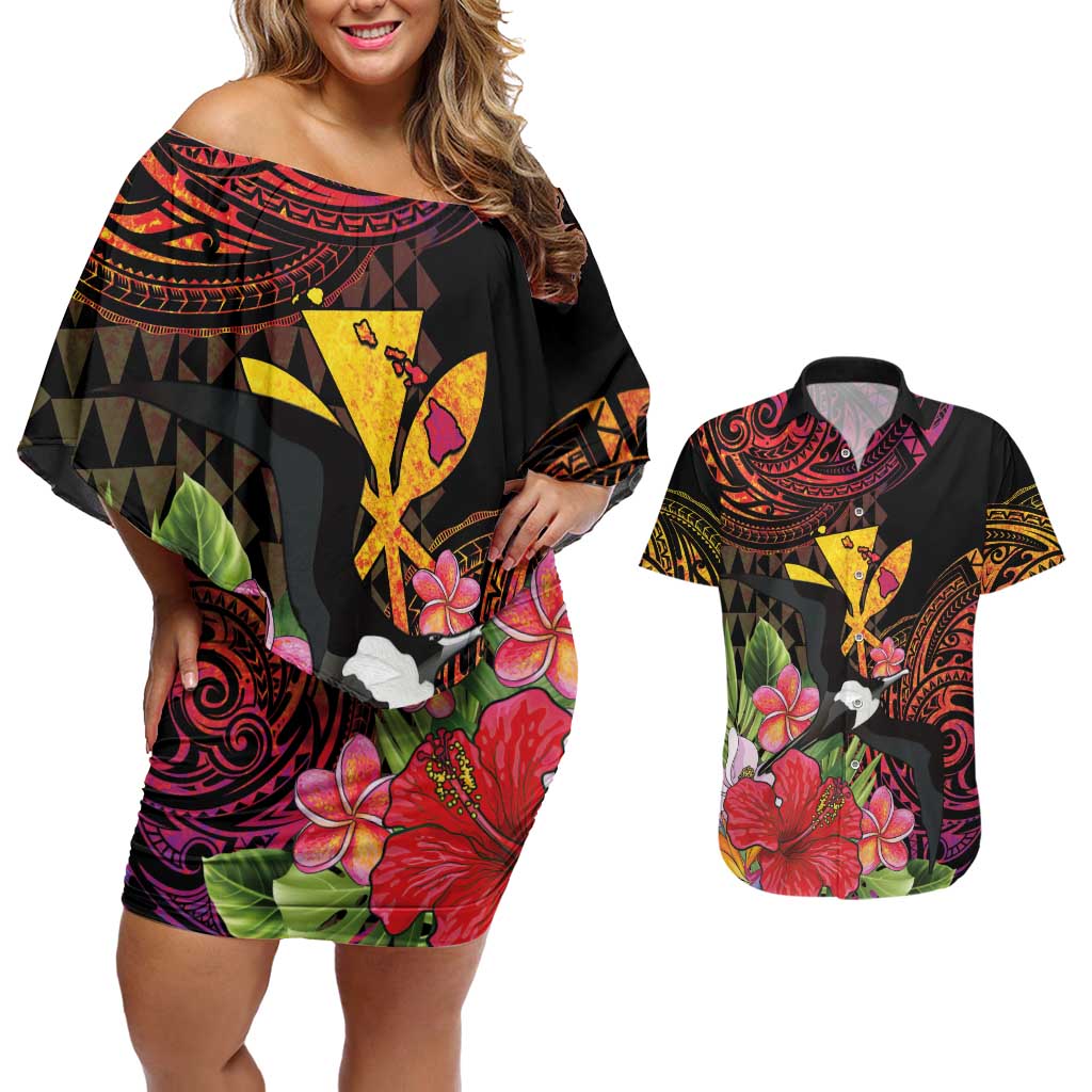 Hawaii Iwa Bird Couples Matching Off Shoulder Short Dress and Hawaiian Shirt Great Frigatebird Kanaka Tropical Hippie Style LT14 Black - Polynesian Pride