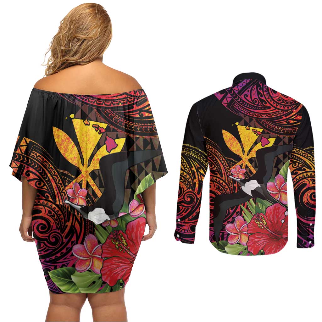 Hawaii Iwa Bird Couples Matching Off Shoulder Short Dress and Long Sleeve Button Shirt Great Frigatebird Kanaka Tropical Hippie Style LT14 - Polynesian Pride