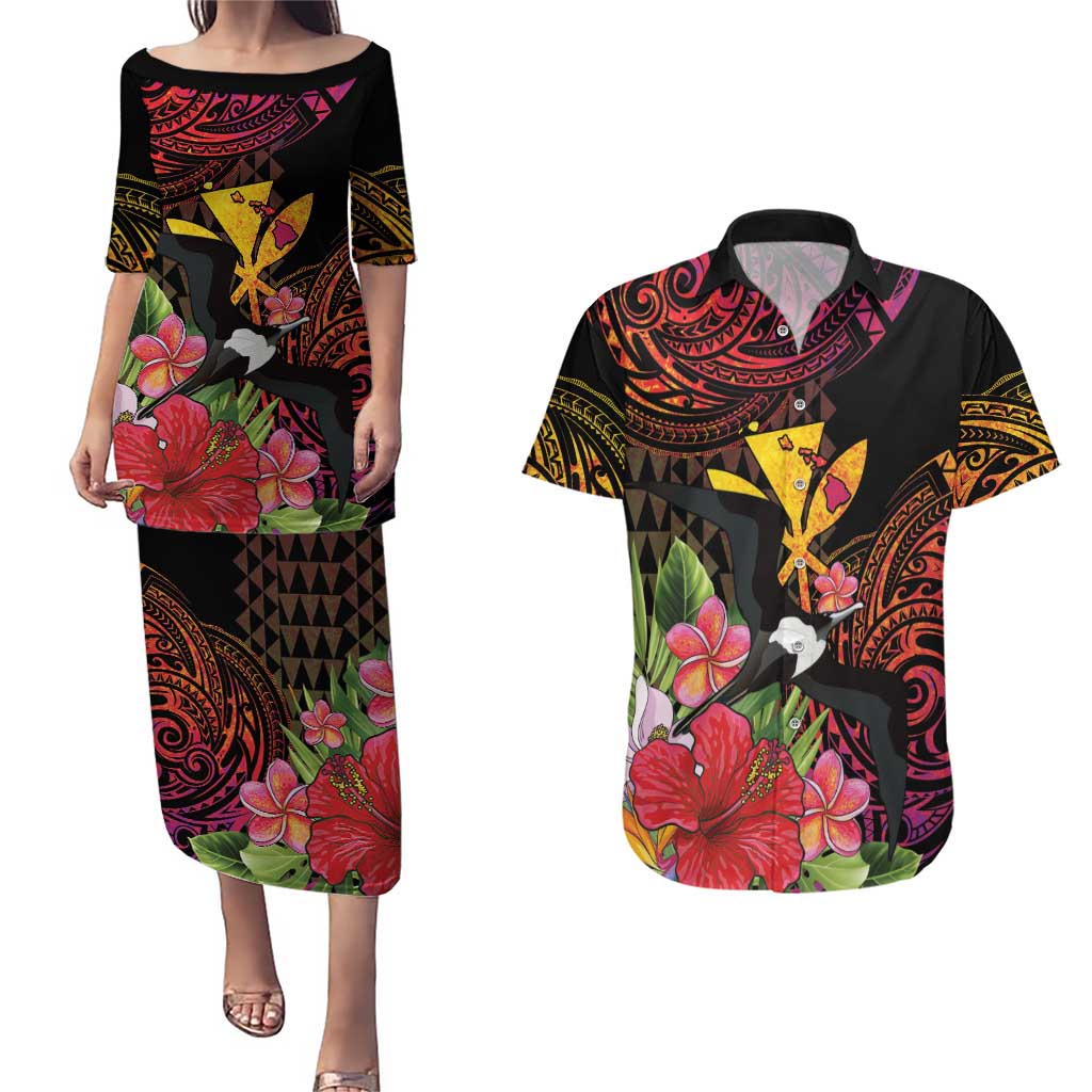 Hawaii Iwa Bird Couples Matching Puletasi and Hawaiian Shirt Great Frigatebird Kanaka Tropical Hippie Style LT14 Black - Polynesian Pride