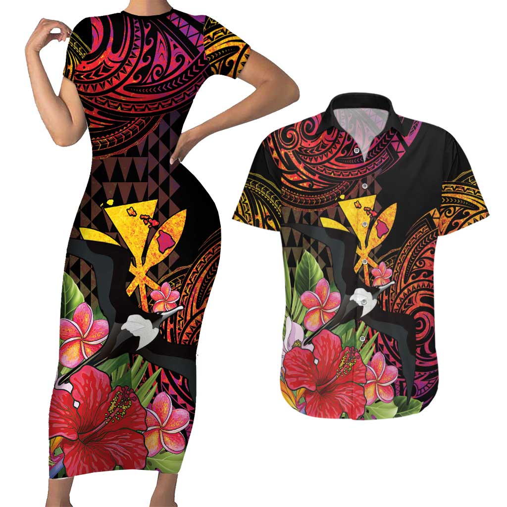 Hawaii Iwa Bird Couples Matching Short Sleeve Bodycon Dress and Hawaiian Shirt Great Frigatebird Kanaka Tropical Hippie Style LT14 Black - Polynesian Pride