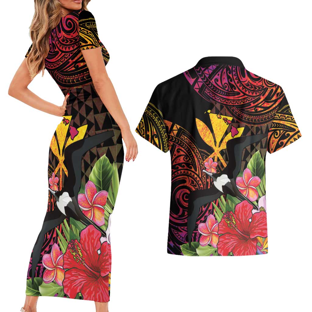 Hawaii Iwa Bird Couples Matching Short Sleeve Bodycon Dress and Hawaiian Shirt Great Frigatebird Kanaka Tropical Hippie Style LT14 - Polynesian Pride