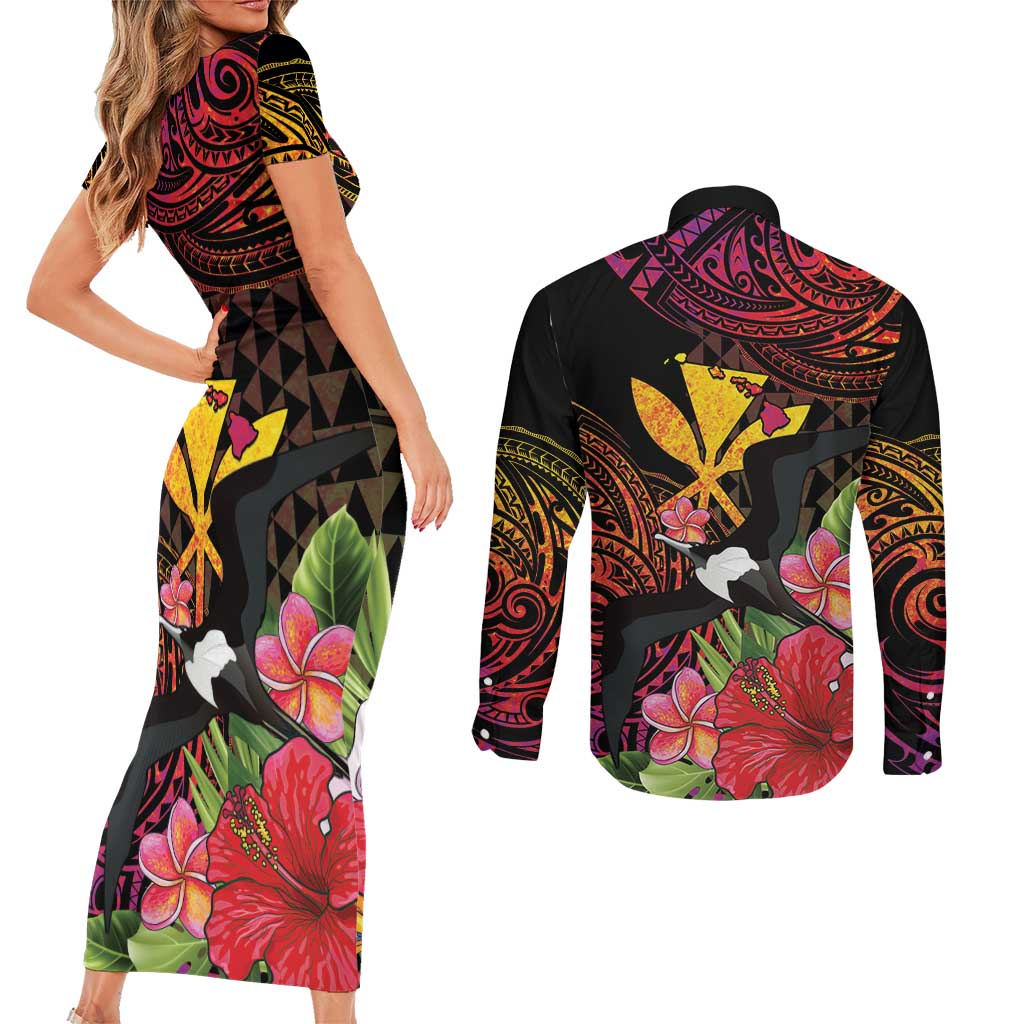 Hawaii Iwa Bird Couples Matching Short Sleeve Bodycon Dress and Long Sleeve Button Shirt Great Frigatebird Kanaka Tropical Hippie Style LT14 - Polynesian Pride