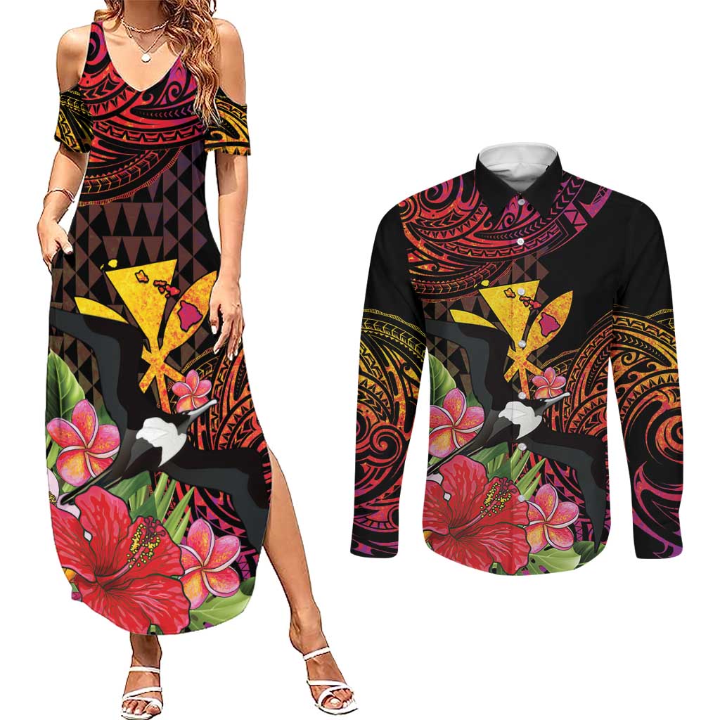 Hawaii Iwa Bird Couples Matching Summer Maxi Dress and Long Sleeve Button Shirt Great Frigatebird Kanaka Tropical Hippie Style - Polynesian Pride
