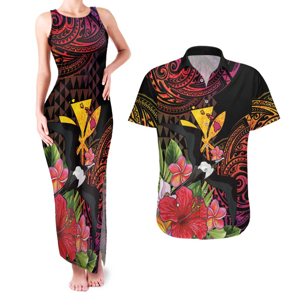 Hawaii Iwa Bird Couples Matching Tank Maxi Dress and Hawaiian Shirt Great Frigatebird Kanaka Tropical Hippie Style LT14 Black - Polynesian Pride