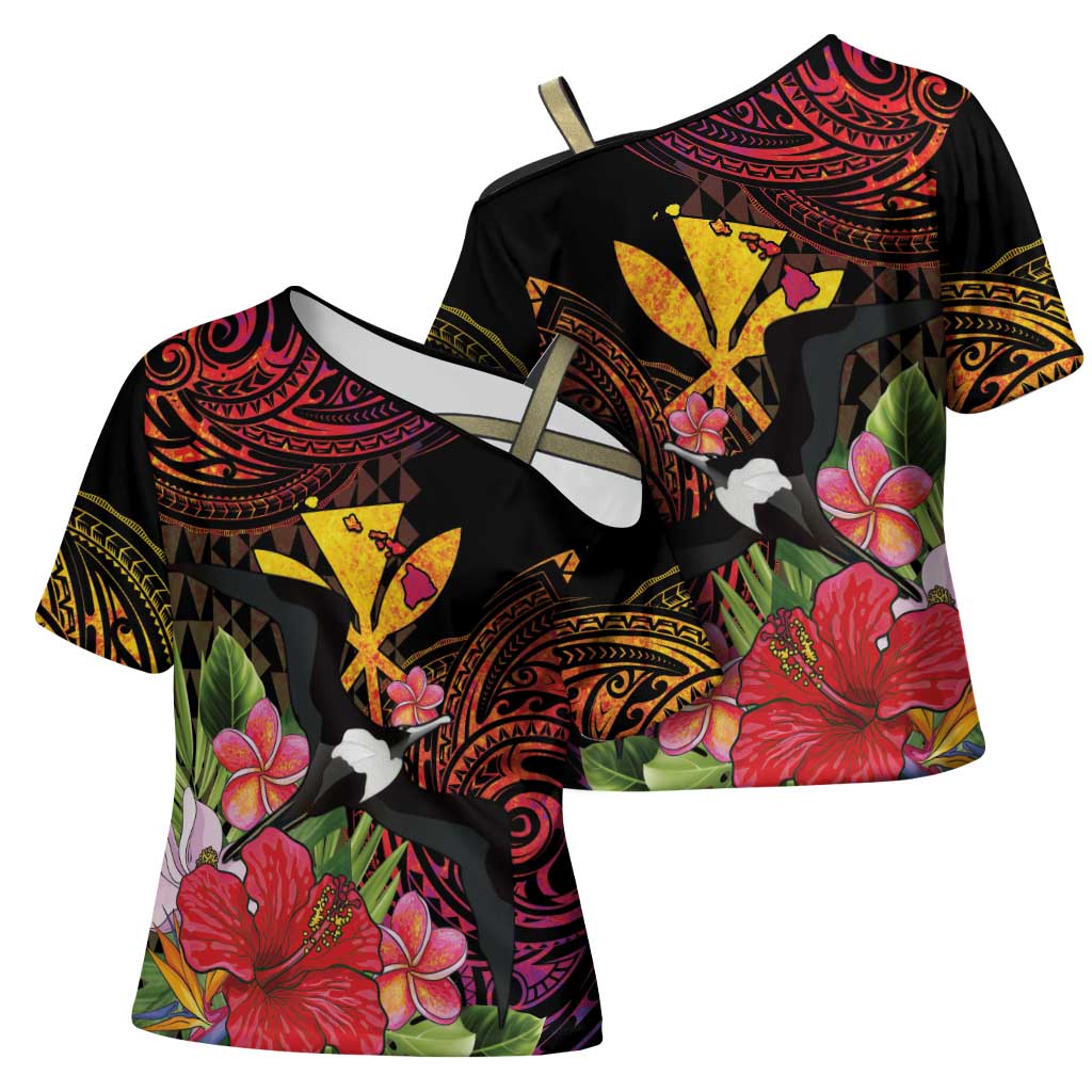 Hawaii Iwa Bird Cross Shoulder Shirt Great Frigatebird Kanaka Tropical Hippie Style - Polynesian Pride
